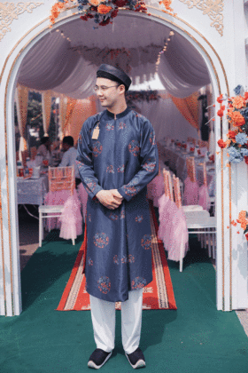 Mã thuê G19: Fullset áo Ngũ thân tay chẽn xanh than đậm vải tafta in giả dệt (unisex)