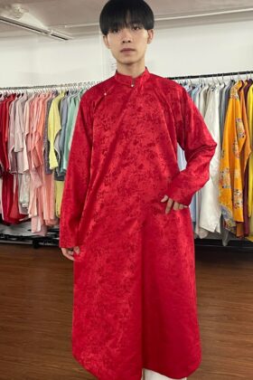 Mã thuê G27: Fullset áo Ngũ thân tay chẽn vải gấm dệt hoa chìm màu đỏ lót đỏ (unisex)