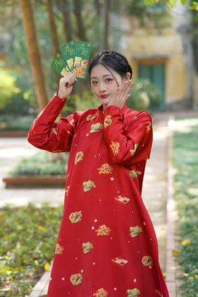 Mã thuê G38: Fullset Áo ngũ thân Tay chẽn in hoa văn Tết (bánh chưng) đỏ - unisex