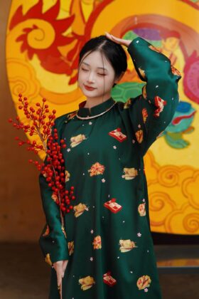 Mã thuê G37: Fullset Áo ngũ thân Tay chẽn in hoa văn Tết (bánh chưng) xanh lá đậm - unisex