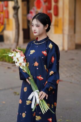 Mã thuê G40: Fullset Áo ngũ thân Tay chẽn in hoa văn Tết (bánh chưng) xanh than - Unisex