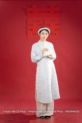 Mã thuê G31: Fullset áo Ngũ thân tay chẽn gấm nhũ xanh trời (unisex)