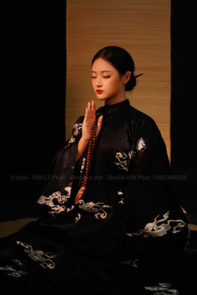 Mã thuê A181: Fullset Áo Tấc Thiên vân lưu thuỷ đen lót đen (unisex)