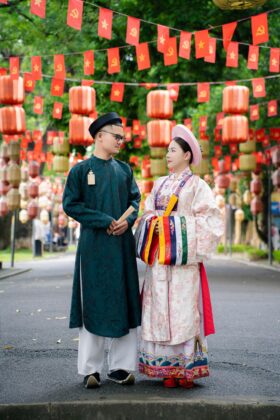 Mã thuê G36: Fullset áo Ngũ thân tay chẽn gấm hoa văn xanh rêu đen (unisex)