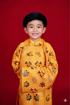 Mã thuê E10: Áo Tấc Gấm in chữ Thọ Trẻ em màu vàng cam (Unisex)