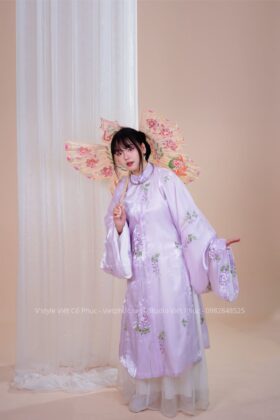 Mã thuê A186: Fullset Áo Tấc Tơ óng tím lót trắng Thanh Hương (unisex)