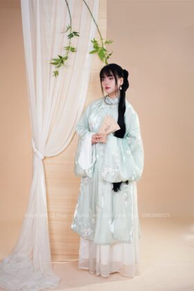 Mã thuê A183: Fullset Áo Tấc Ngọc hoa thanh mai xanh ngọc lót trắng (unisex)