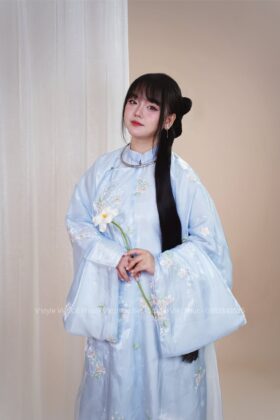 Mã thuê A184: Fullset Áo Tấc Ngọc hoa thanh mai xanh trời lót trắng (unisex)