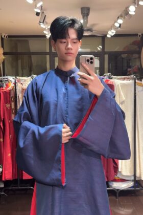 Mã thuê A196: Fullset áo Tấc sa hàn gân xanh than lót đỏ (unisex)